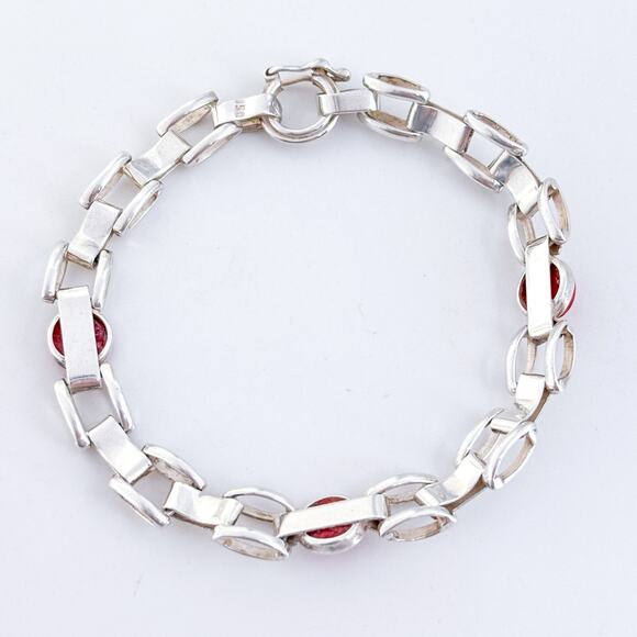 Vintage Sterling Silver 950 Red Spiny Oyster Link Bracelet 7.25" - Picture 2 of 7
